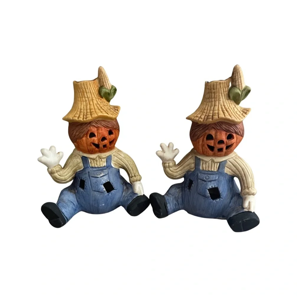 Vintage Halloween Decor : Ceramic Jack o’ Lantern Scarecrows : candle holder